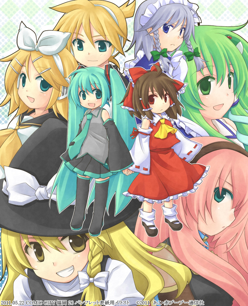 1boy, 6+girls, :d, ahoge, aqua_eyes, aqua_hair, blonde_hair, blue_eyes