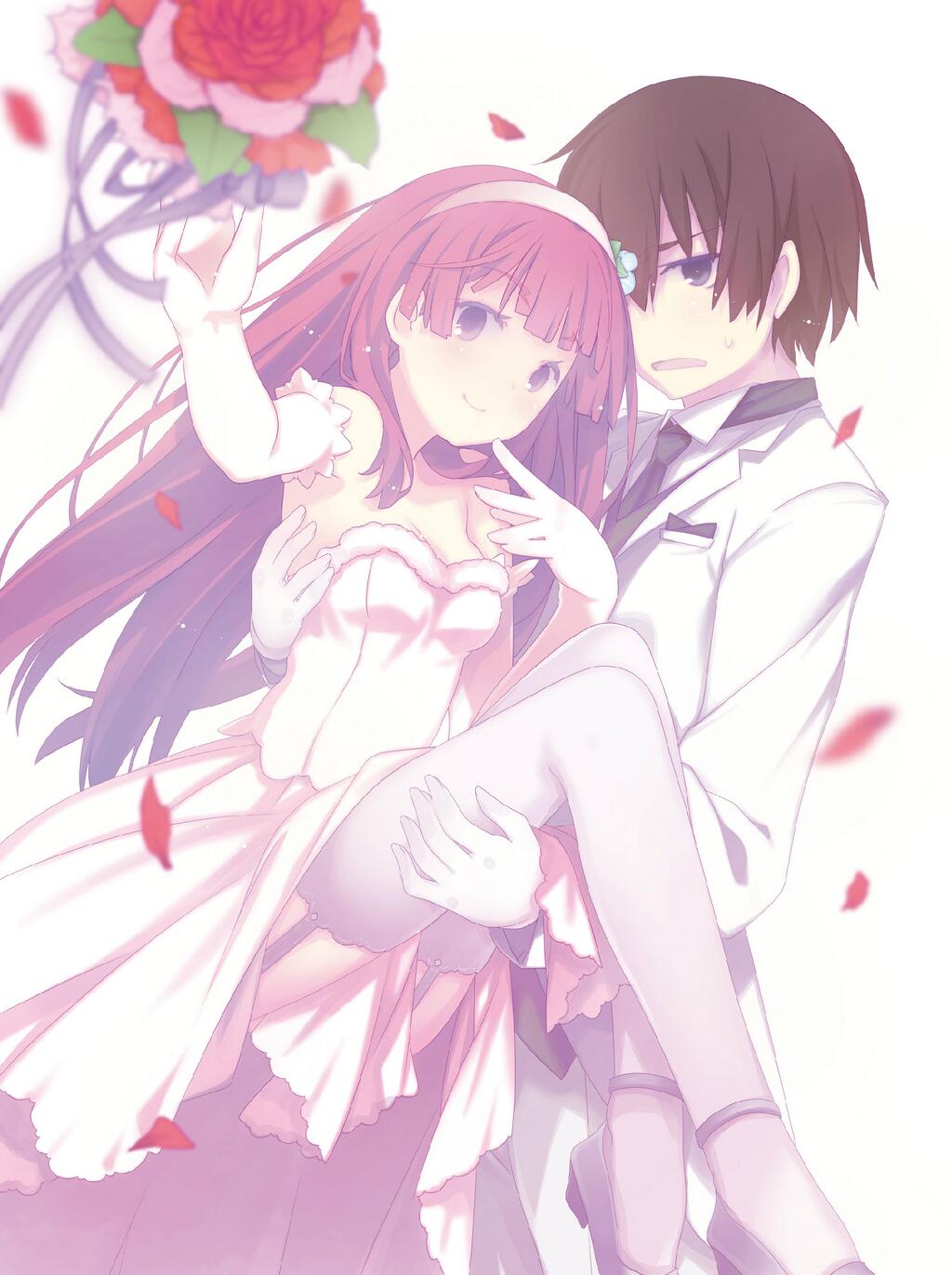 1boy, 1girl, bouquet_toss, bride, brown_hair, dress, flower, fuyuumi_ai