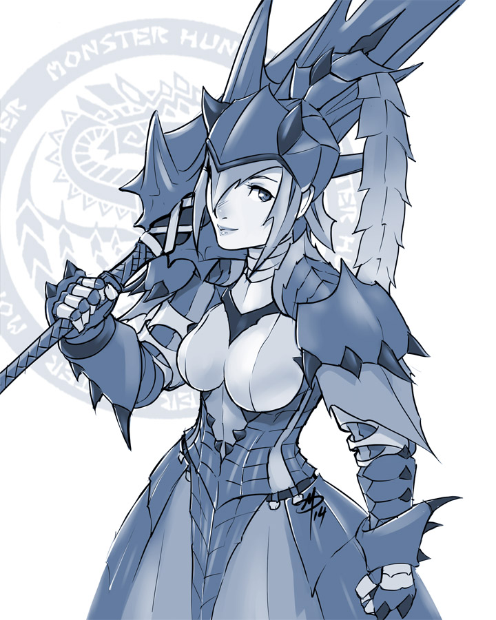 1girl, armor, armored_dress, breasts, daniel_macgregor, huge_weapon, lagiacrus_(armor), monochrome