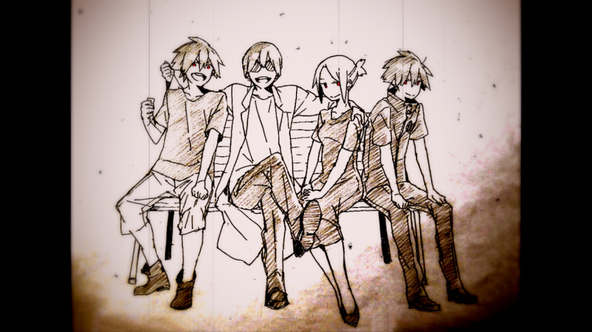 1girl, 3boys, brothers, cecily_(senyuu), family, father_and_son, glasses, husband_and_wife, labcoat, lake_(senyuu), long_hair, monochrome, mother_and_son, multiple_boys, paritsu_(yaegiri), rchimedes, ross_(senyuu), sen'yuu., siblings, spoilers, spot_color