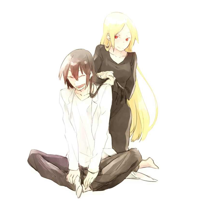 1boy, 1girl, black_hair, blonde_hair, cecily_(senyuu), closed_eyes, couple, happy, hetero, highres, husband_and_wife, labcoat, long_hair, paritsu_(yaegiri), rchimedes, red_eyes, sen'yuu., smile, spoilers