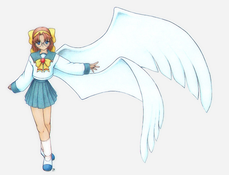 1girl, ballpoint_pen_(medium), blue_eyes, bow, brown_hair, colored_pencil_(medium), glasses, hair_bow