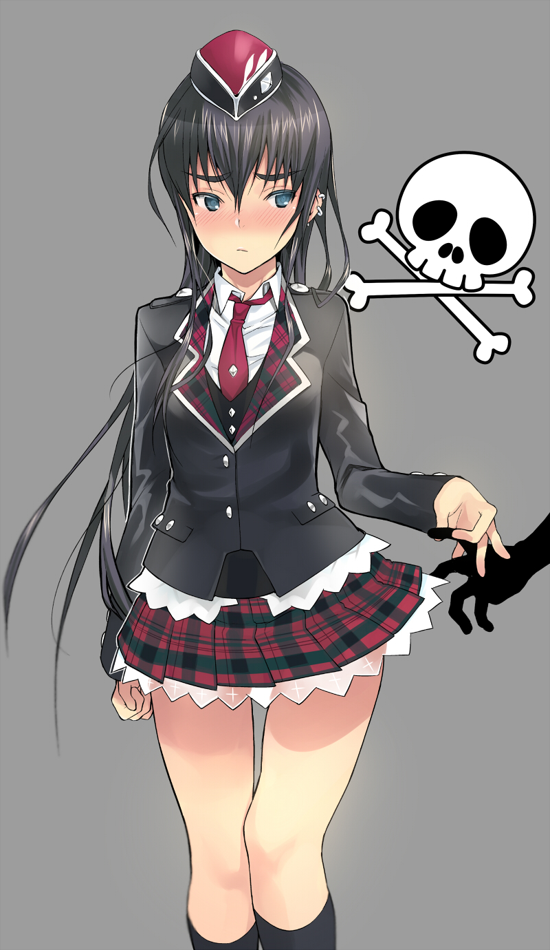 1boy, black_hair, blue_eyes, blush, crossdressinging, earrings, frown, grey_background