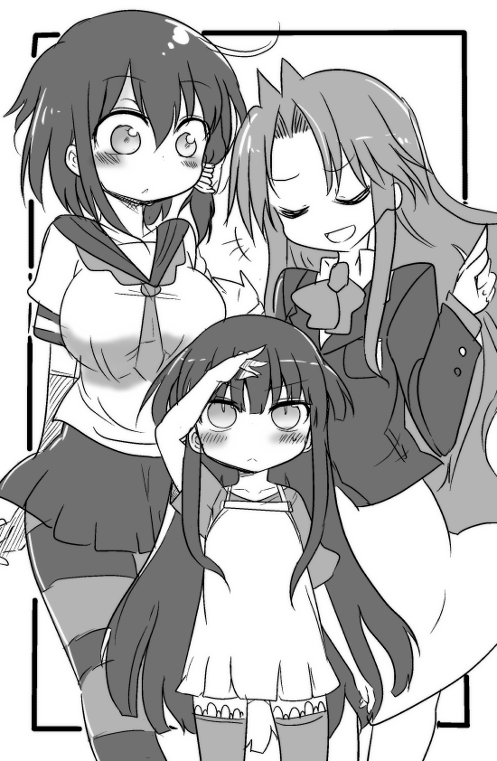 3girls, cool-kyou_shinja, creator_connection, jigokumeguri_haru, komori-san_wa_kotowarenai!, komori_shuri, monochrome, multiple_girls, ojojojo, sabinuki_kanojo, school_uniform