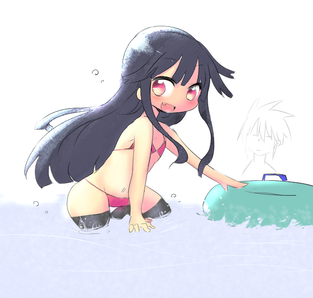 1boy, 1girl, bikini, black_hair, cool-kyou_shinja, danna_ga_nani_wo_itte_iru_ka_wakaranai_ken, fang, flat_chest