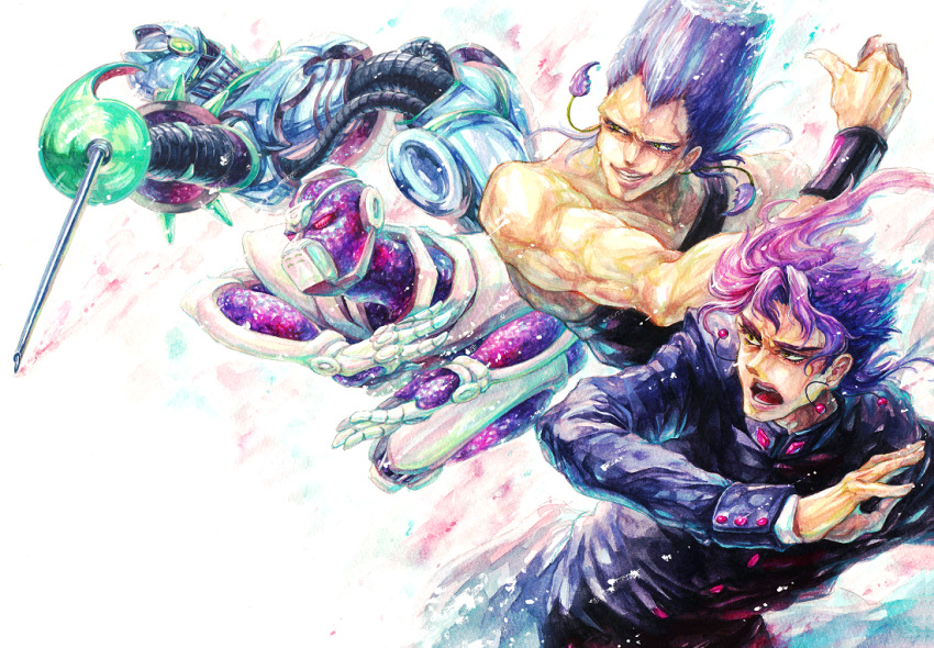4boys, grey_hair, hierophant_green, jean_pierre_polnareff, jojo_no_kimyou_na_bouken, kakyouin_noriaki, multiple_boys, pink_hair