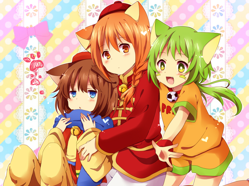 3boys, animal_ears, ball, bell, blue_eyes, blush, braid, brown_hair, cat_ears, chinese_clothes, cowboy_shot, dora-nichov, dora-rinho, doraemon, fang, green_eyes, green_hair, hat, heart, long_sleeves, looking_at_viewer, multiple_boys, orange_eyes, orange_hair, personification, scarf, short_sleeves, single_braid, soccer_ball, tangzhuang, the_doraemons, trap, uguisu_mochi_(ykss35), wang_dora
