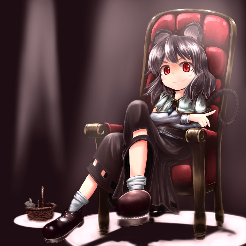 1girl, absurdres, animal_ears, basket, capelet, chair, commentary_request, crossed_legs