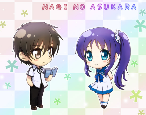1boy, 1girl, black_hair, blue_eyes, blue_hair, book, brown_eyes, chibi
