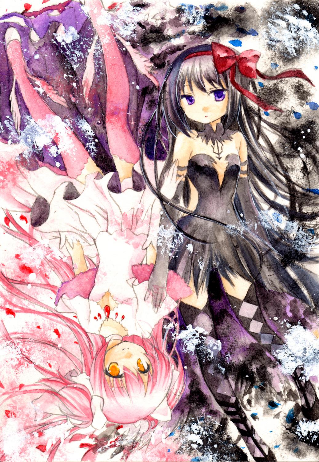 2girls, akemi_homura, akuma_homura, argyle, argyle_legwear, bare_shoulders, black_hair, bow, choker, dress, elbow_gloves, feathered_wings, gloves, goddess_madoka, hair_bow, highres, kaname_madoka, long_hair, looking_at_viewer, mahou_shoujo_madoka_magica, mahou_shoujo_madoka_magica_movie, multiple_girls, pink_hair, rano, smile, spoilers, thigh-highs, two_side_up, upside-down, violet_eyes, white_gloves, wings, yellow_eyes, zettai_ryouiki