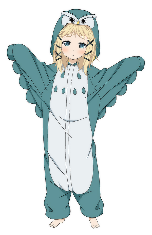 1girl, animal_costume, black_bullet, blonde_hair, blue_eyes, blush, looking_at_viewer, nectar_(fujiya), owl_costume, short_hair, simple_background, solo, tina_sprout, white_background