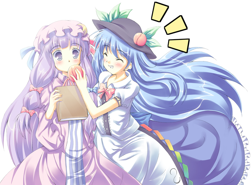 food, fruit, hat, hinanawi_tenshi, long_skirt, momo_at_ten, multiple_girls, patchouli_knowledge