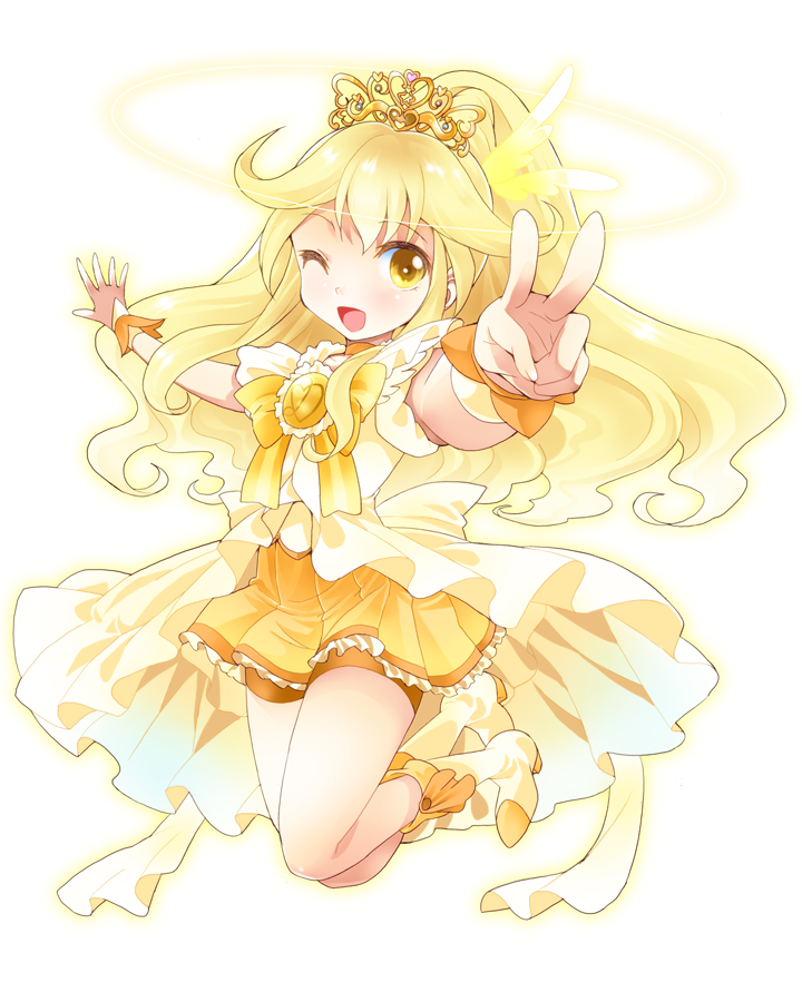1girl, ;d, bike_shorts, blonde_hair, bow, brooch, cure_peace, dress, jewelry, jumping, kise_yayoi, long_hair, magical_girl, one_eye_closed, open_mouth, precure, princess_form_(smile_precure!), ratryu, ribbon, shoes, shorts_under_skirt, skirt, smile, smile_precure!, solo, tiara, v, white_background, wink, yellow, yellow_dress, yellow_eyes, yellow_skirt