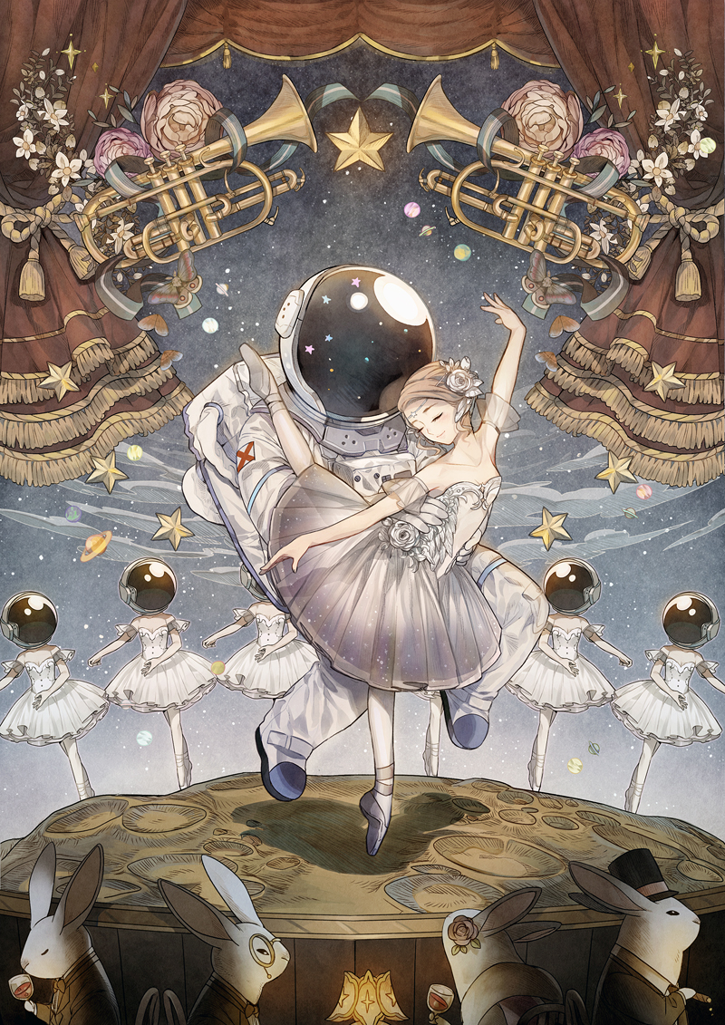 astronaut, ballerina, ballet, ballet_slippers, bare_shoulders, brown_hair, cigar, closed_eyes