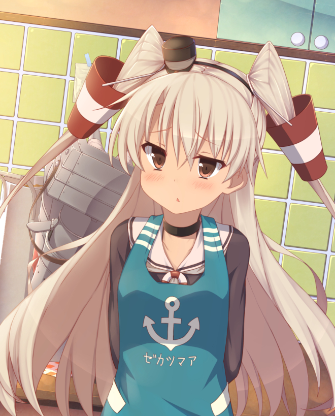 1girl, abekawa_mochi, amatsukaze_(kantai_collection), anchor_symbol, apron, arms_behind_back, blonde_hair, blush