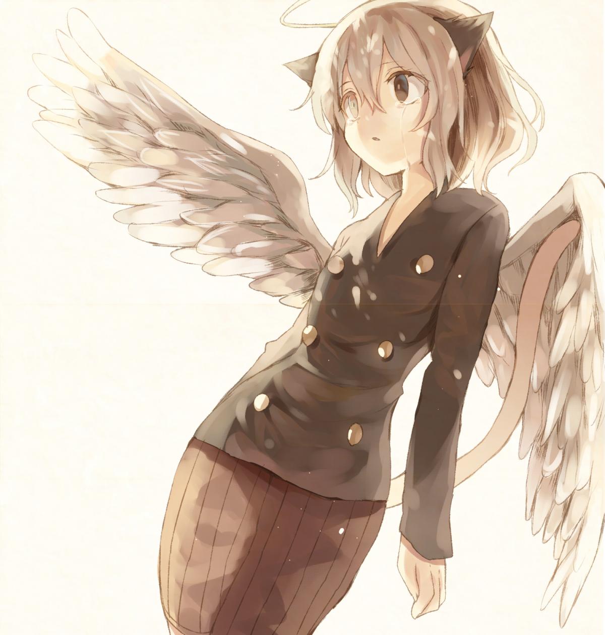 angel_wings, animal_ears, brown_eyes, cat_ears, cat_tail, crying, halo, highres, hunter_x_hunter, kinakomotitaberu, long_sleeves, nefelpitou, short_hair, shorts, silver_hair, solo, tail, tears, white_background, wings