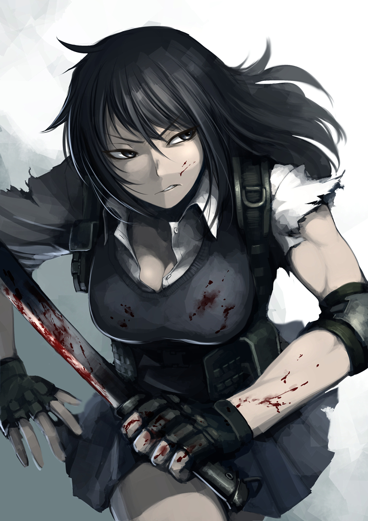 1girl, black_hair, blood, blood_on_face, bloody_clothes, bloody_weapon, breasts, brown_eyes