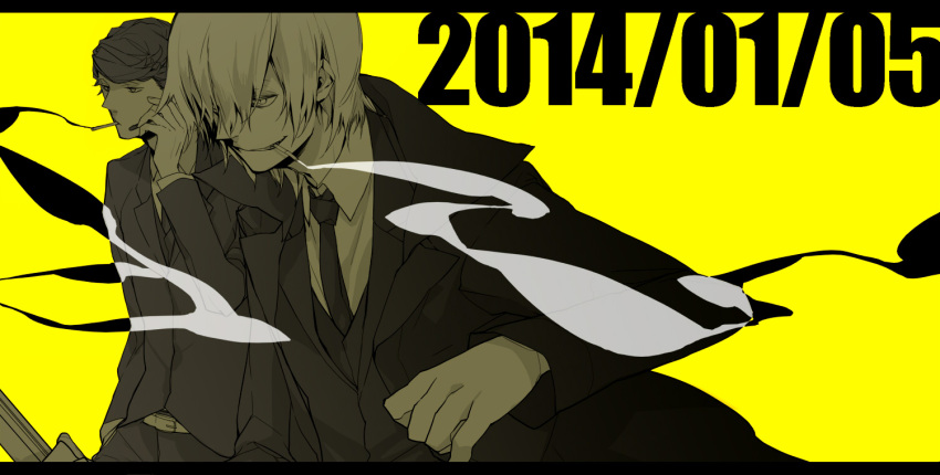 2boys, anbiento, baccano!, cigarette, dated, formal, graham_spector, hair_over_one_eye