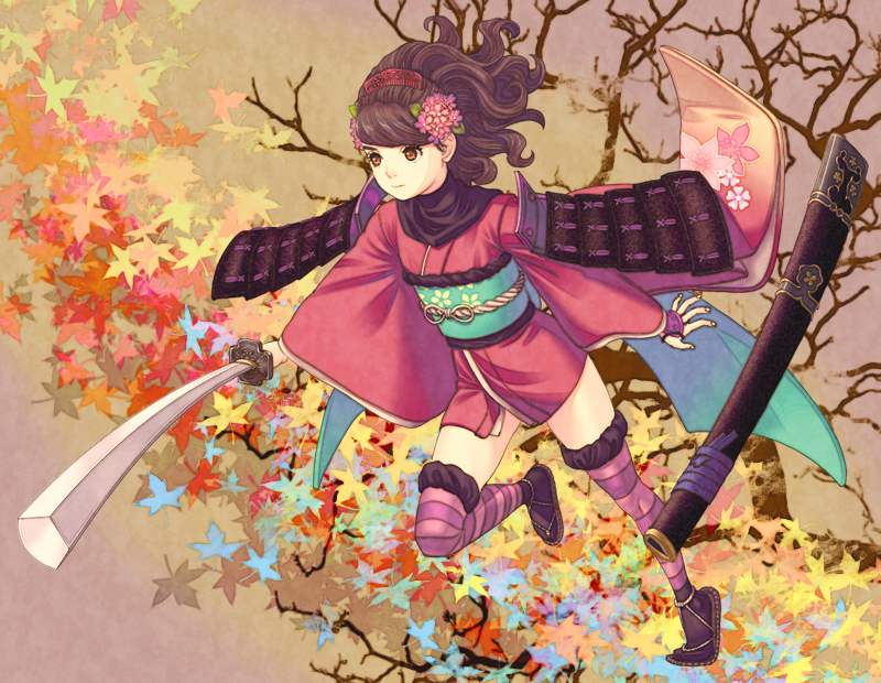 armor, brown_eyes, brown_hair, flower, hair_flower, hair_ornament, japanese_clothes, katana, leaf, leaves, long_hair, maple_leaf, momohime, oboro_muramasa, oboro_muramasa_youtouden, sode, solo, striped, striped_legwear, striped_thighhighs, sword, thigh-highs, thighhighs, weapon, yugume