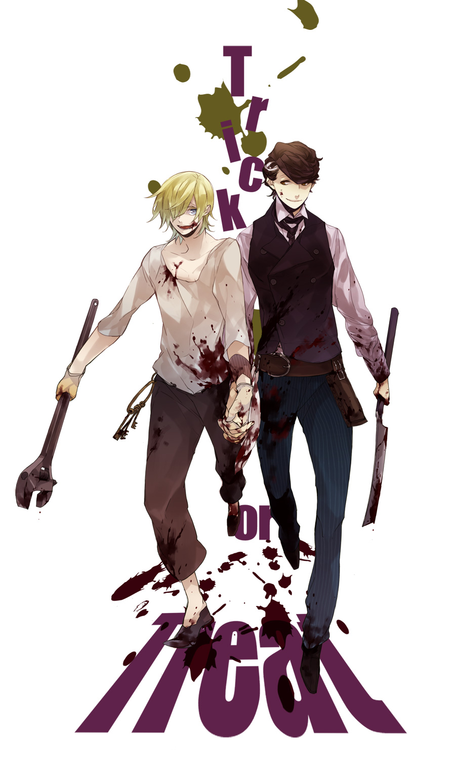2boys, anbiento, baccano!, blonde_hair, blood, blue_eyes, brown_hair, cleaver