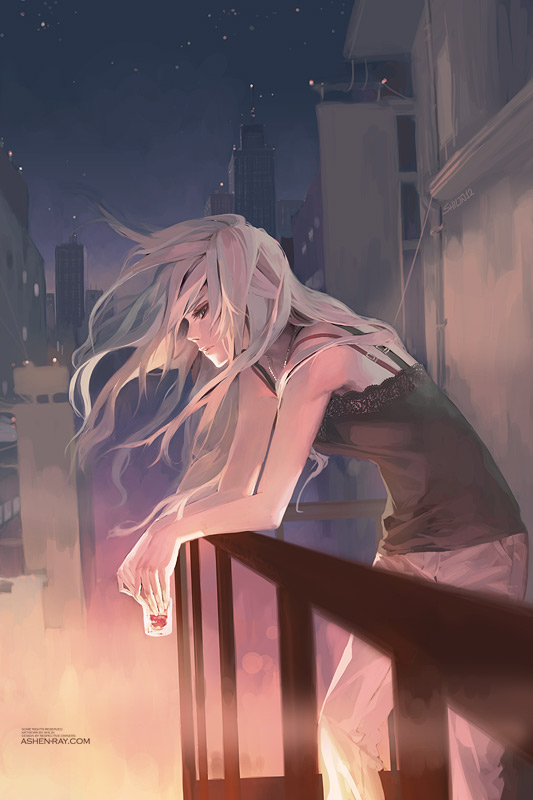 1girl, aqua_eyes, bare_shoulders, bra, carciphona, city, cityscape, shilin