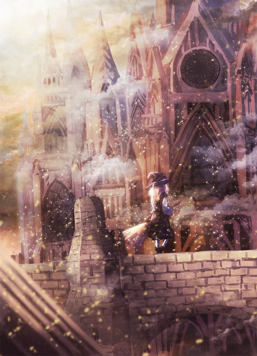 1girl, arch, architecture, blonde_hair, broom, church, from_behind, gothic_architecture