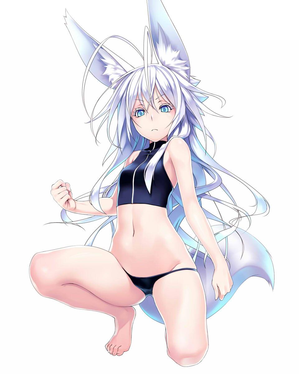 1girl, animal_ears, antenna_hair, blue_eyes, highres, kentairui, kneeling, long_hair, lowleg, midriff, mitsuha_(kenntairui), navel, original, panties, silver_hair, solo, tail, underwear, white_hair, wolf_ears