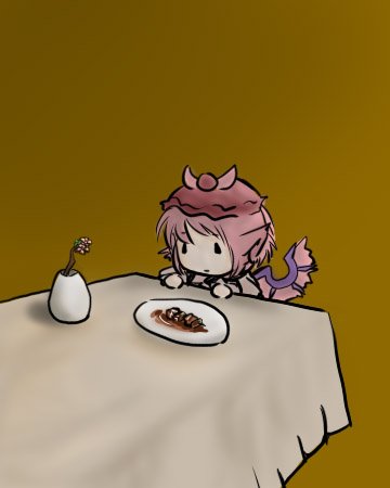 fine_art_parody, food, hat, i_asked_for_scrambled, lowres, mystia_lorelei, parody, pink_hair