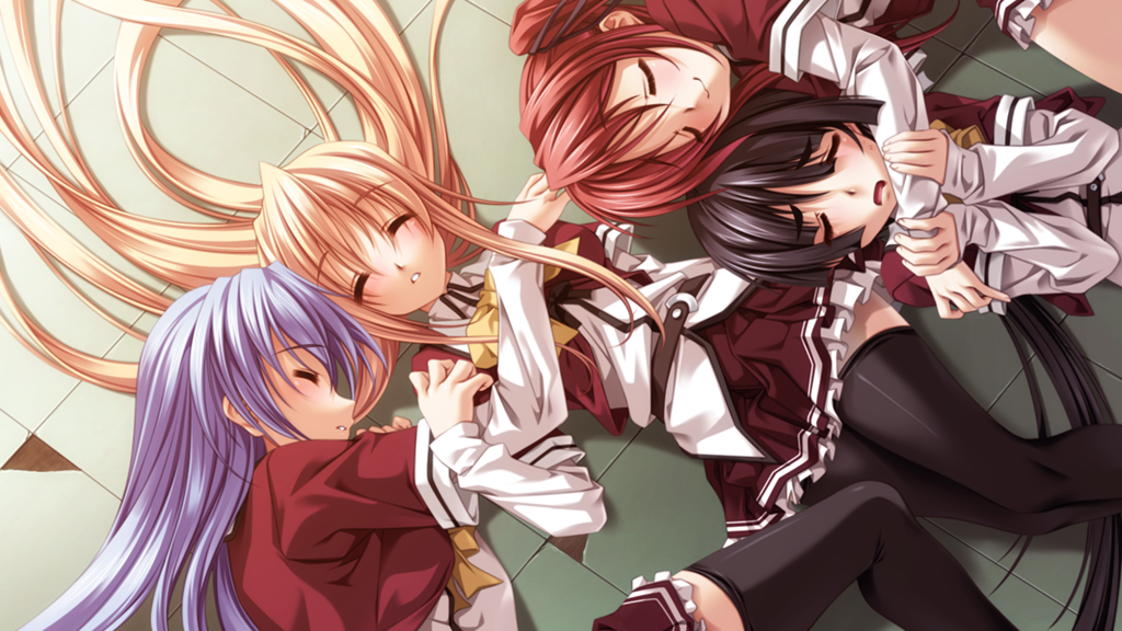4girls, black_hair, blonde_hair, blue_hair, blush, closed_eyes, game_cg, kashimashi_communication