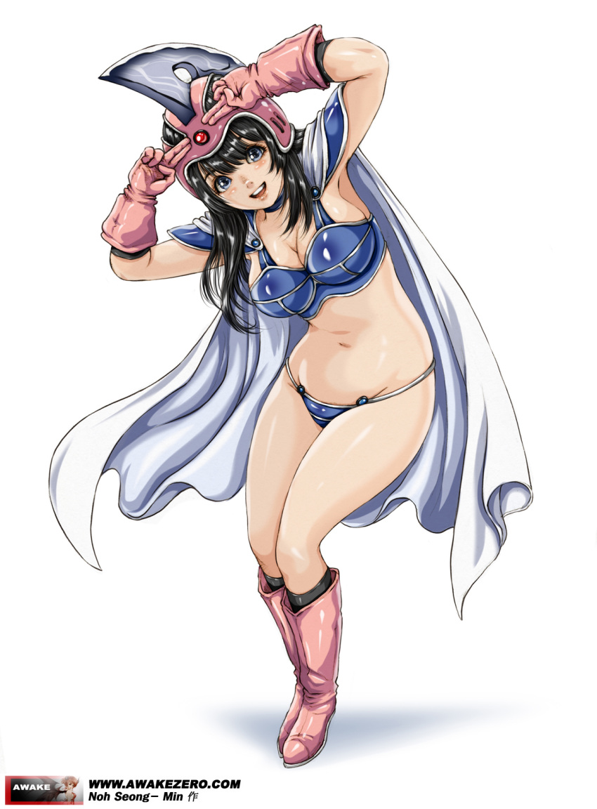 1girl, armor, bikini_armor, black_hair, blue_eyes, boots, breasts, cape