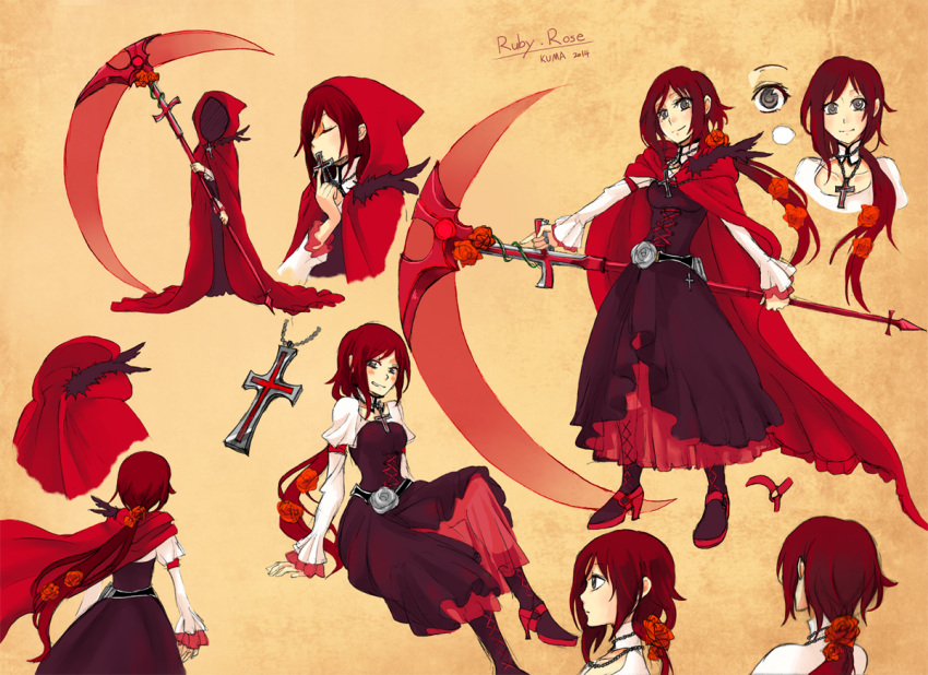 1girl, bloodycolor, boots, cape, cross, dress, grey_eyes, high_heels