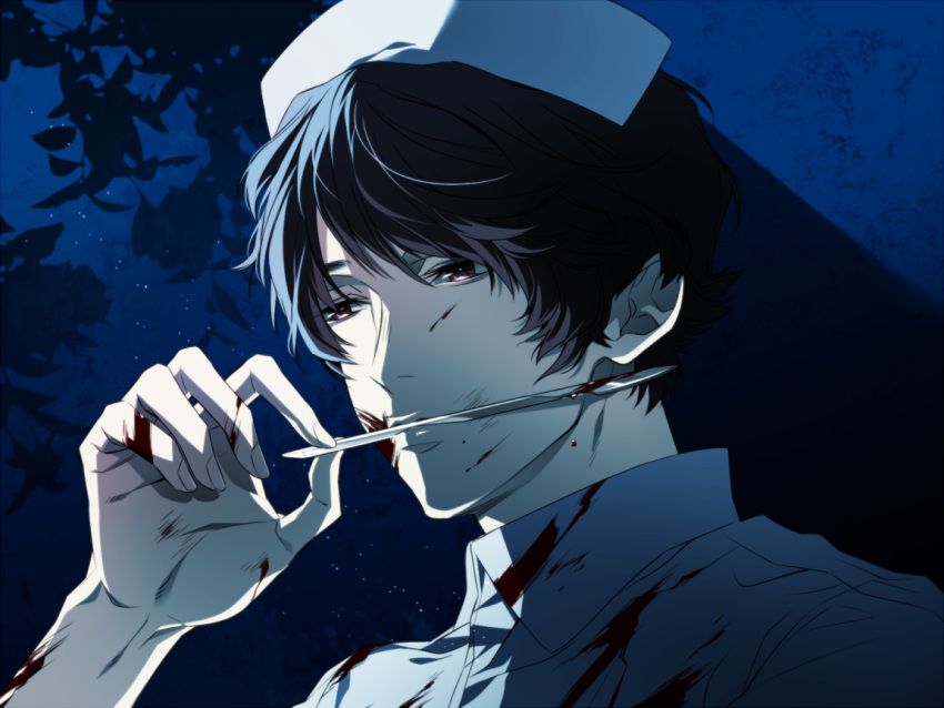 1boy, black_hair, blood, crossdressinging, hat, mouth_hold, mozu, mtktc