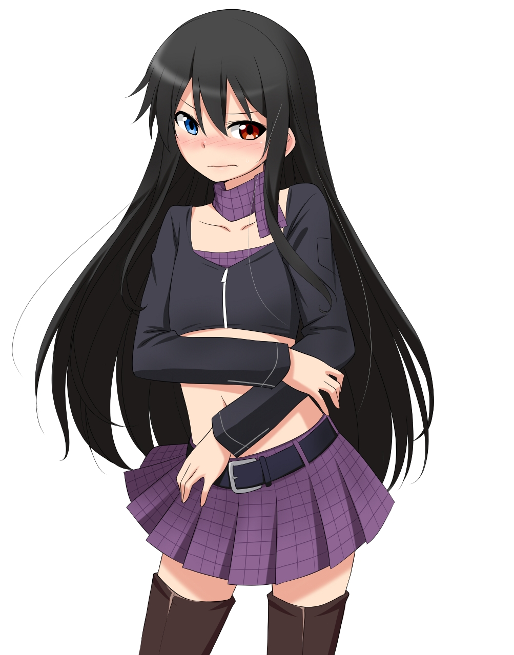 1boy, akuma_no_riddle, bellezza_felutia, beltskirt, black_hair, blue_eyes, brown_legwear, brush, crossdressinging, felutiahime, forced_dressing, frown, heterochromia, highres, inukai_isuke, long_hair, male, midriff, original, parody, red_eyes, scarf, skirt, solo, thighhighs, trap, vest, white_background