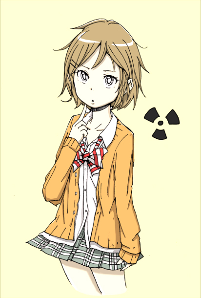 1girl, bowtie, brown_hair, cardigan, coppelion, fukasaku_aoi, miniskirt, pale_skin