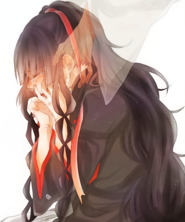 azami_(kagerou_project), black_hair, hand_on_another's_cheek, hand_on_another's_face, kagerou_project, kazemachidori, long_hair, ribbon