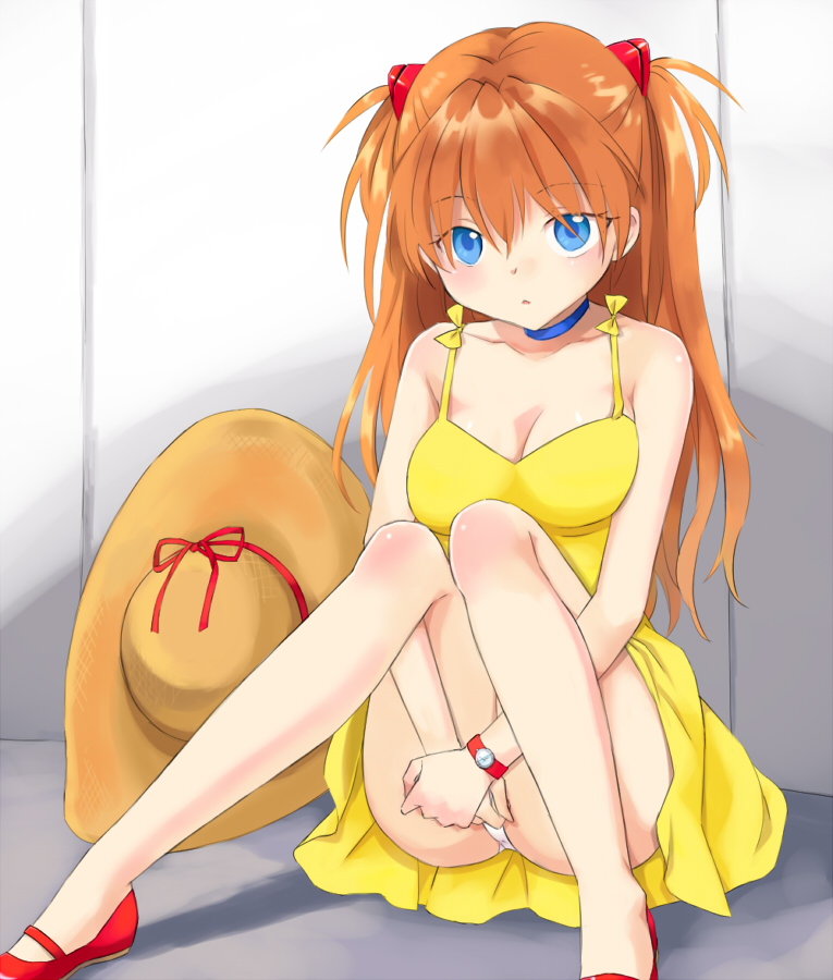 1girl, ayamoto, bare_shoulders, blue_eyes, breasts, choker, cleavage, dress, hat, headwear_removed, long_hair, neon_genesis_evangelion, orange_hair, panties, sitting, solo, souryuu_asuka_langley, straw_hat, underwear, watch, white_panties, yellow_dress