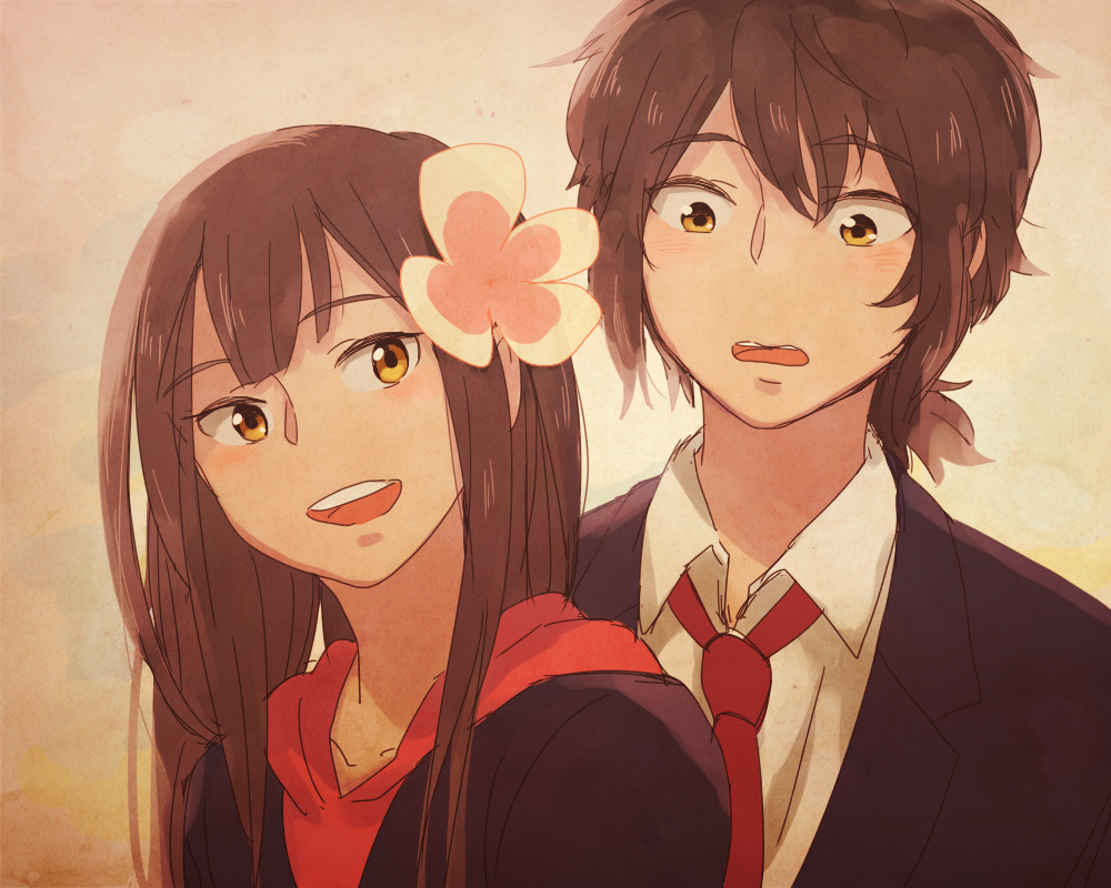 1boy, 1girl, black_hair, blush, flower, hair_flower, hair_ornament, kurebayashi_kazuki
