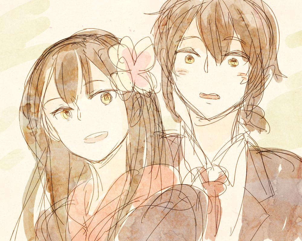 1boy, 1girl, black_hair, blush, flower, hair_flower, hair_ornament, kurebayashi_kazuki, kurebayashi_yuzuki, long_hair, monakanonakami, necktie, open_mouth, school_uniform, selector_infected_wixoss, short_hair, siblings, sketch, smile, teeth, twins, yellow_eyes