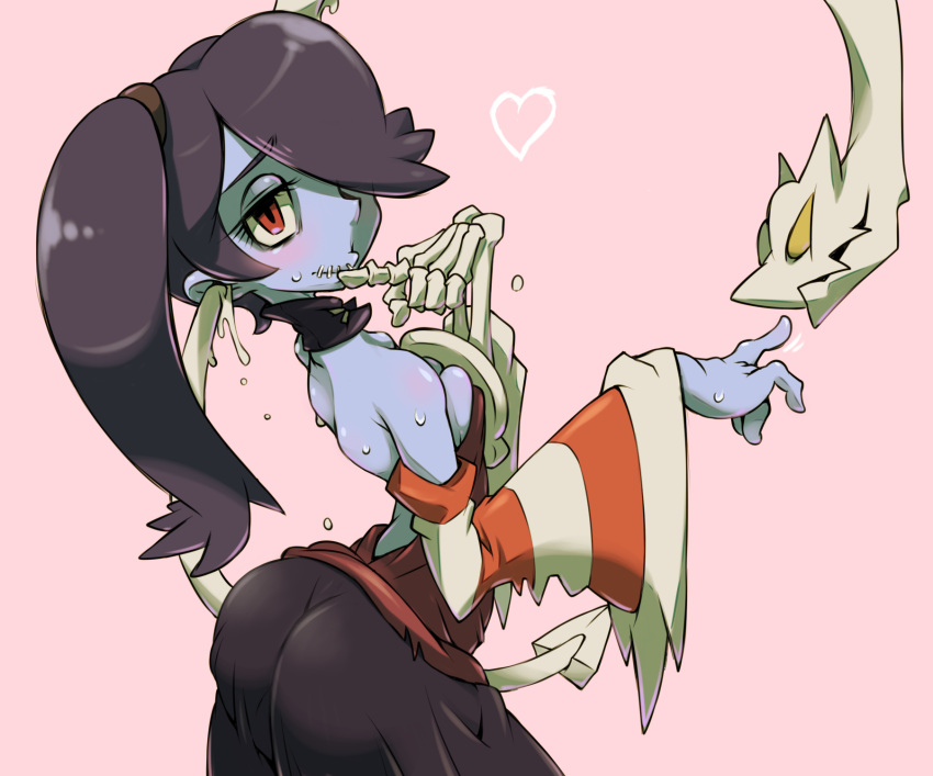 1girl, ass, backless, bare_shoulders, blue_hair, blue_skin, bone, breasts