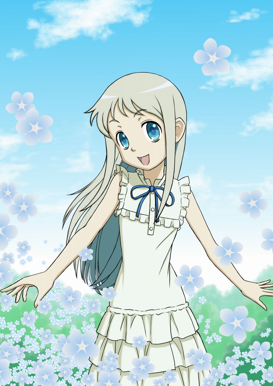 1girl, ano_hi_mita_hana_no_namae_wo_bokutachi_wa_mada_shiranai, blue_eyes, dress, flower, highres, honma_meiko, long_hair, sakaki_youma, silver_hair