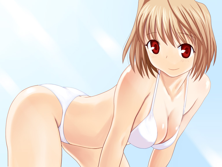 arcueid_brunestud, bent_over, bikini, breasts, brown_hair, cleavage, katatsuka_kouji, red_eyes