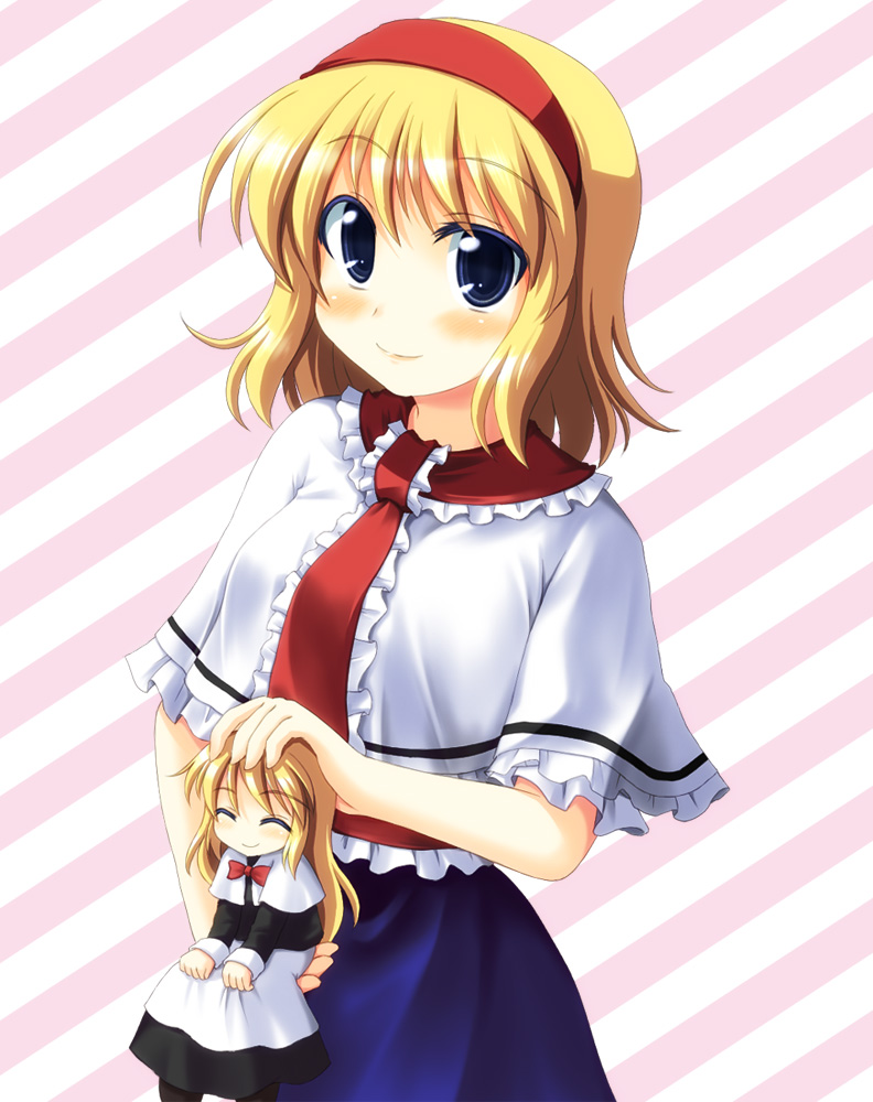 1girl, alice_margatroid, ascot, blonde_hair, blue_eyes, blush, capelet, hairband