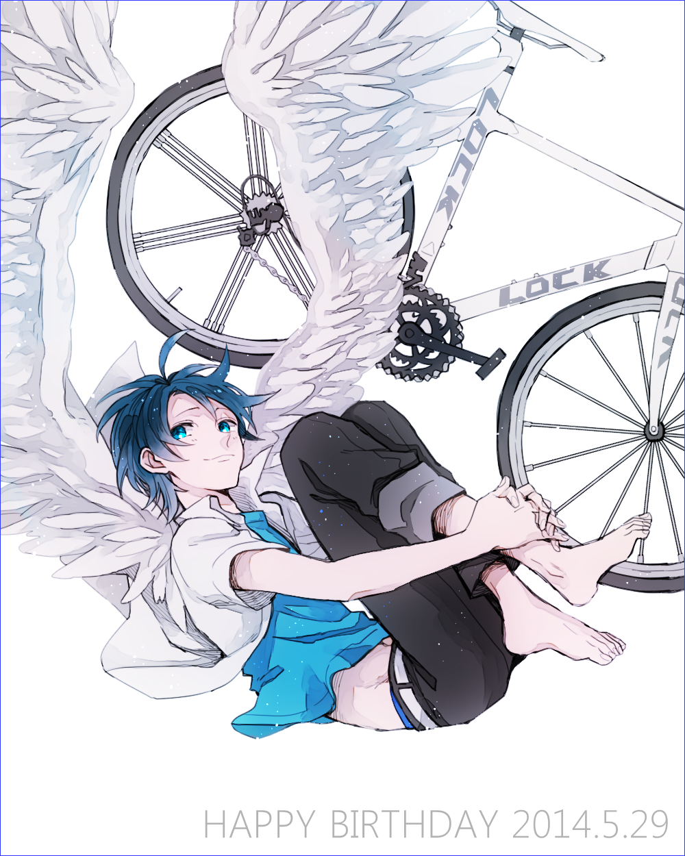 1boy, bicycle, blue_eyes, blue_hair, dated, happy_birthday, highres, hoshiko_(shu-kuri-mu)