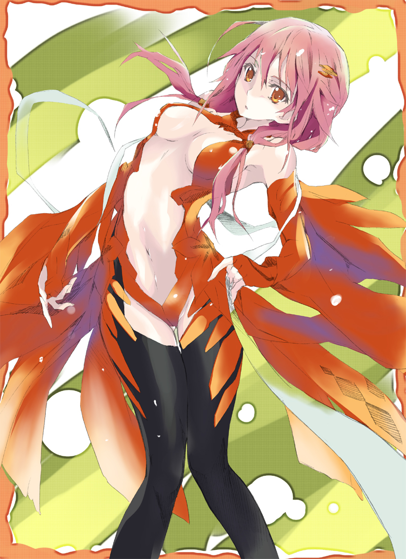 1girl, bare_shoulders, black_legwear, breasts, center_opening, cleavage, detached_sleeves, fingerless_gloves
