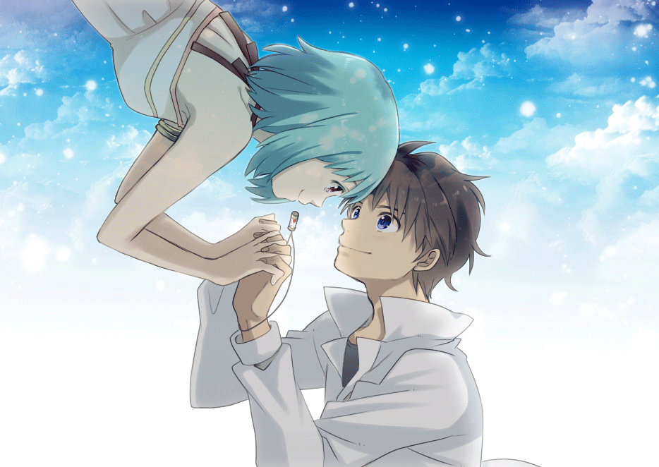 1boy, 1girl, blue_hair, brown_hair, clouds, eiji_(sakasama_no_patema), eye_contact, hazuki_(pacco)