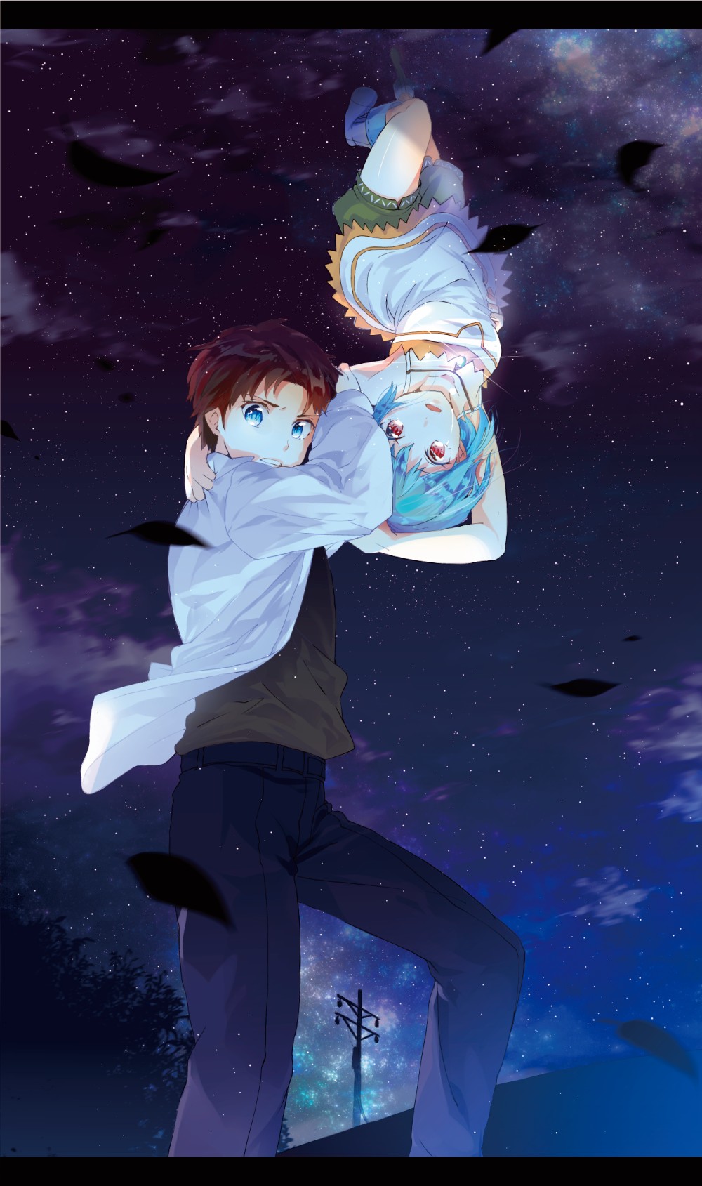 1boy, 1girl, blue_hair, brown_hair, clouds, eiji_(sakasama_no_patema), highres, mathuri
