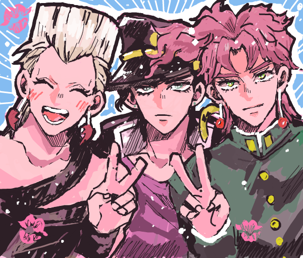 3boys, black_hair, blush, chain, closed_eyes, earrings, gakuran, green_eyes, grey_hair, hat, jean_pierre_polnareff, jewelry, jojo_no_kimyou_na_bouken, kakyouin_noriaki, kuujou_joutarou, multiple_boys, open_mouth, redhead, sahau228, school_uniform, short_hair, smile, v