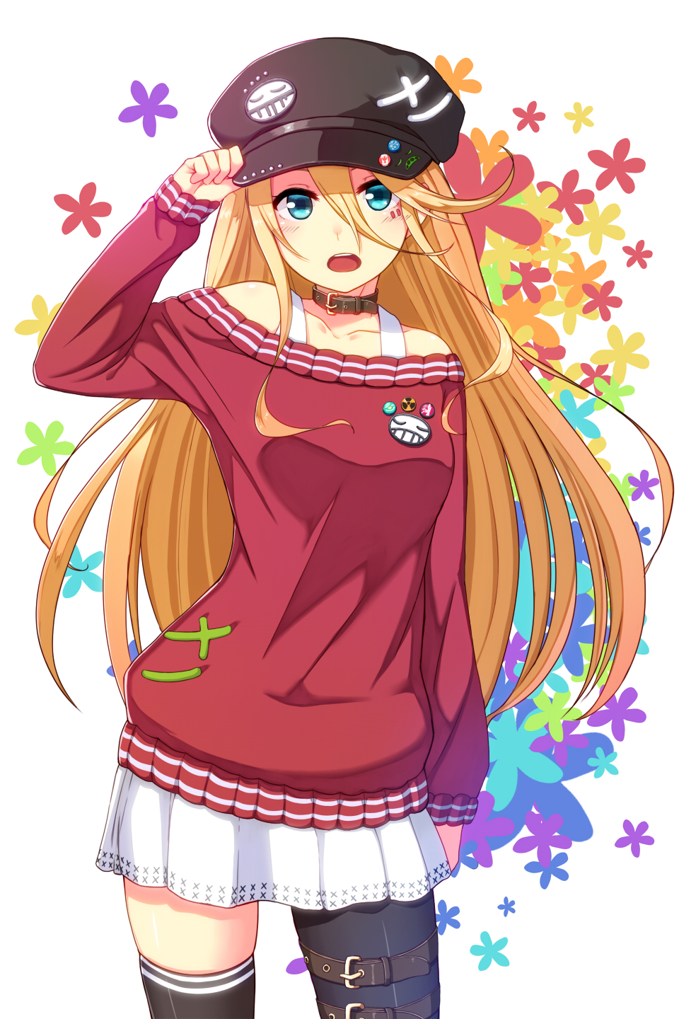 1girl, asymmetrical_legwear, blonde_hair, blue_eyes, ginichi_(toot08), hat, highres, long_hair