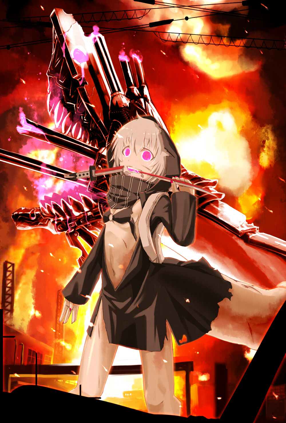 1girl, breasts, destruction, fingernails, fire, glowing, glowing_eyes, highres, hood, injury, jacket, kantai_collection, long_sleeves, meth_(artist), pale_skin, personification, re-class_battleship, scarf, shinkaisei-kan, short_hair, silver_hair, slit_pupils, smoke, solo, sword, tail, teeth, torn_clothes, tower, turret, violet_eyes, weapon
