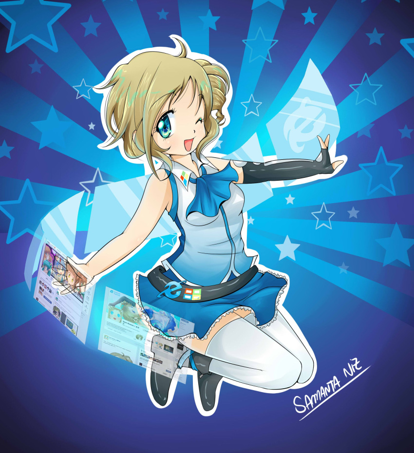 1girl, absurdres, aizawa_inori, artist_name, belt, blue_background, boots, brown_hair